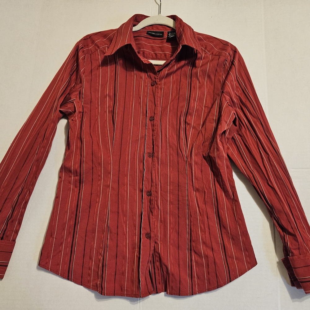 New York & Company Red Striped Dress Shirt